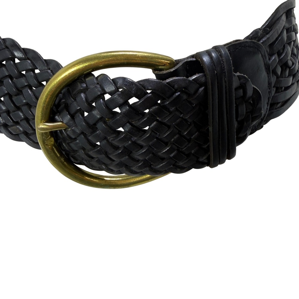 Talbots Womens Small Wide Braided Black Leather Belt Brass Buckle Made in Turkey